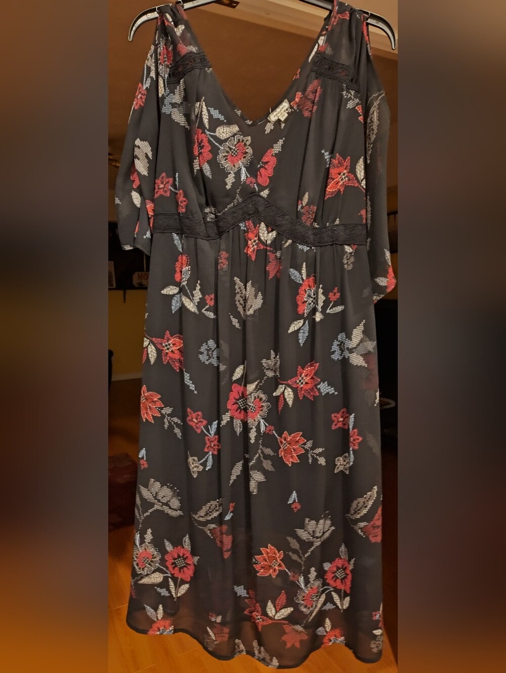 Eyeshadow  SHEER Black Floral Cold-Shoulder V-Neck Dress with Flowers